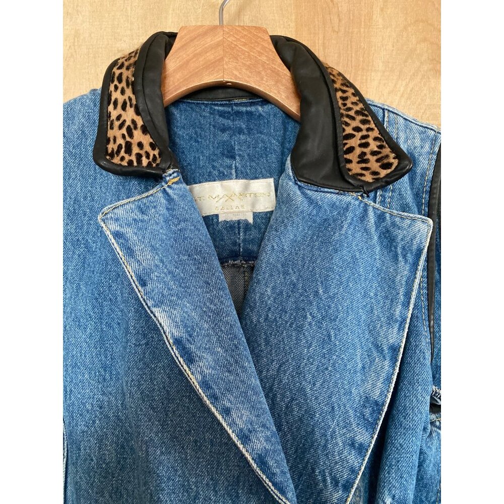 Vintage St. Maarten Dallas Denim Skirt Set Small Vest & Mini Skirt Leopard Trim - Picture 4 of 13